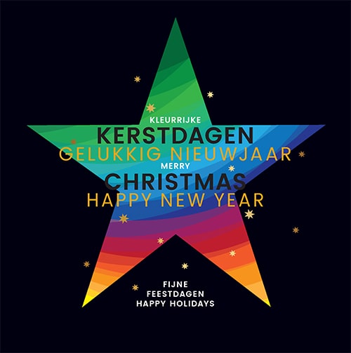 Kerstkaart grote ster in kleuren van regenboog, goud folie sterretjes