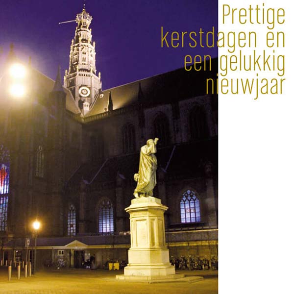 Kerstkaart Haarlemmet Grote of St. Bavokerk en Laurens Jz. Coster