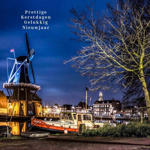 Haarlemse kerstkaart Molen Adriaan en Bakenesserkerk
