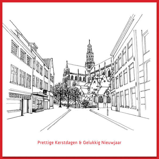 Kerstkaart Haarlem, tekening zicht op Bavokerk vanuit Damstraat