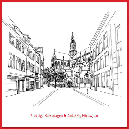Kerstkaart Haarlem getekend in zwart/wit met roodfolie