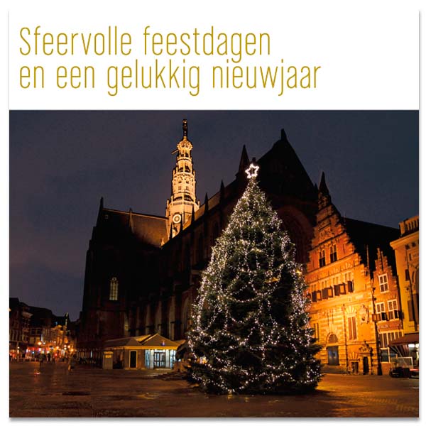 Kerstkaart Haarlem  versierde kerstboom winter