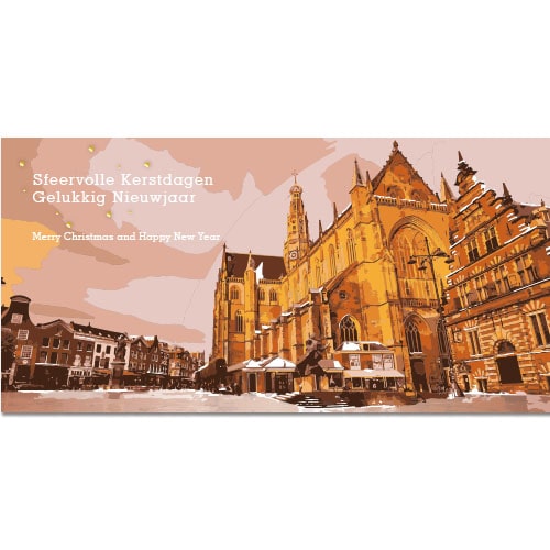 Kerstkaart Haarlem wintersfeer, Grote Markt en Bavokerk met sneeuw