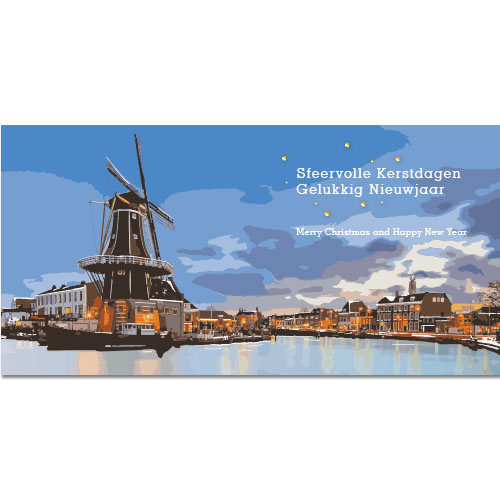 kerstkaart Haarlem in wintersfeer, getekend Spaarne en Molen Adriaan
