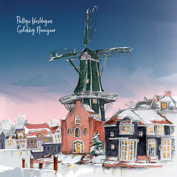 Kerstkaart Haarlem tekening molen de Adriaan aan Spaarne