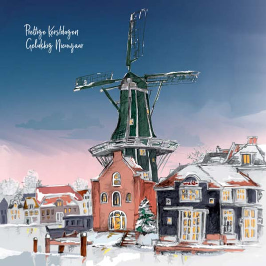 Kerstkaart Haarlem tekening molen de Adriaan aan Spaarne