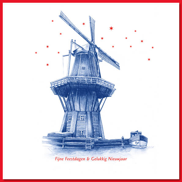 Haarlemse kerstkaart met pentekening  van molen de Adriaan.