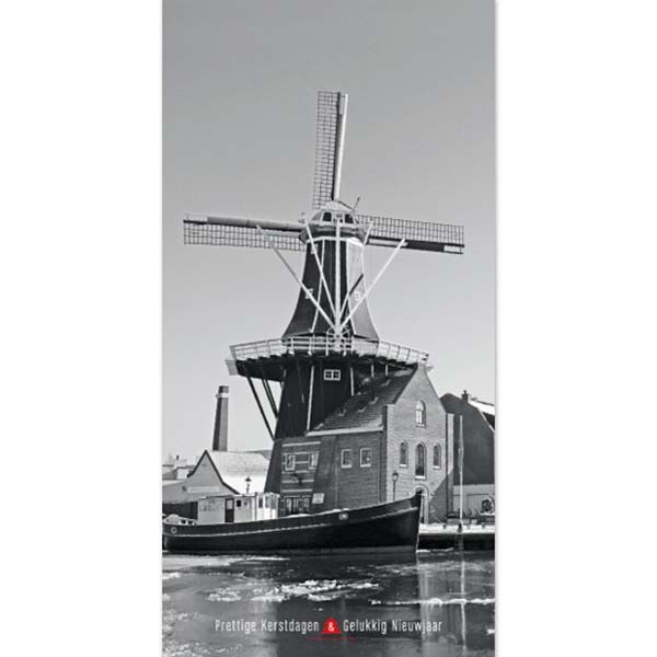 Kerstkaart Haarlem staand, zwart wit foto Molen de Adriaan