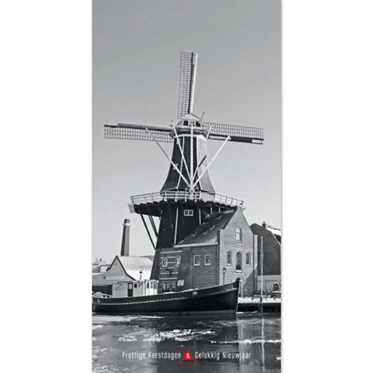 Kerstkaart Haarlem staand, zwart wit foto Molen de Adriaan