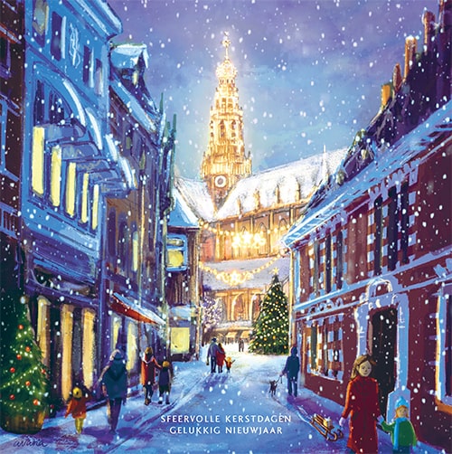 Kerstkaart Haarlem in romantische winterse kerstsfeer, tekening Avana
