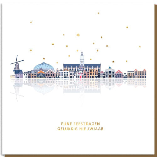 Kerstkaart Haarlem skyline getekend en met gouden sterren