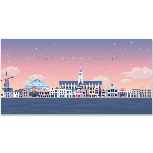 Kerstkaart Haarlem skyline getekend en met gouden sterren