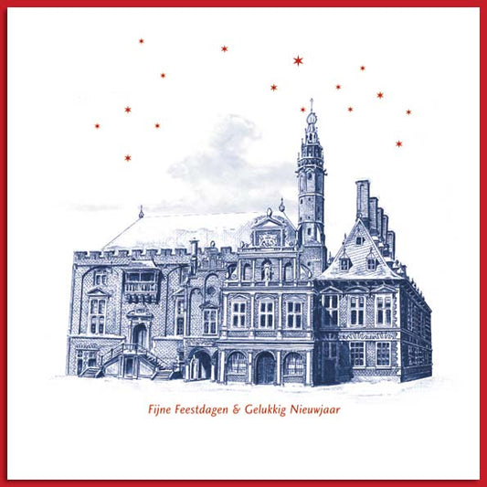Kerstkaart met Haarlems stadhuis, getekend in blauw.