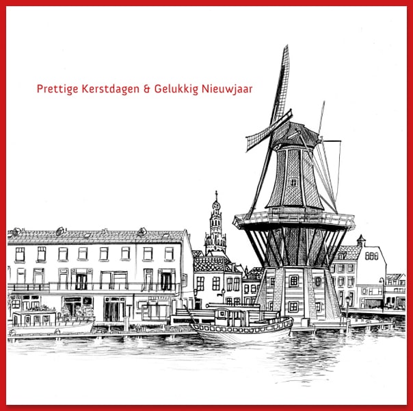 Kerstkaart Haarlem, tekening zicht op Molen de Adriaan