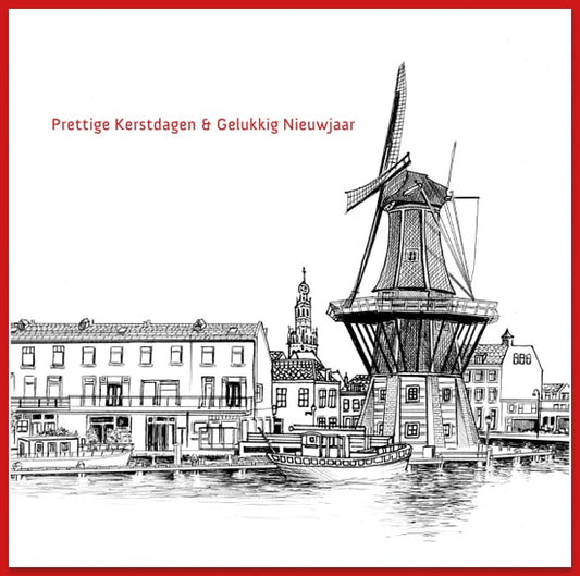Kerstkaart Haarlem, tekening zicht op Molen de Adriaan