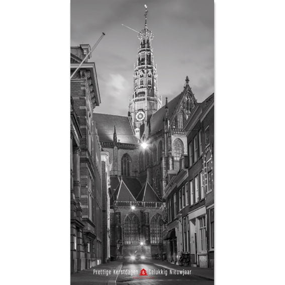 kerstkaart van Haarlem in zwart wit Grote of St. Bavokerk.