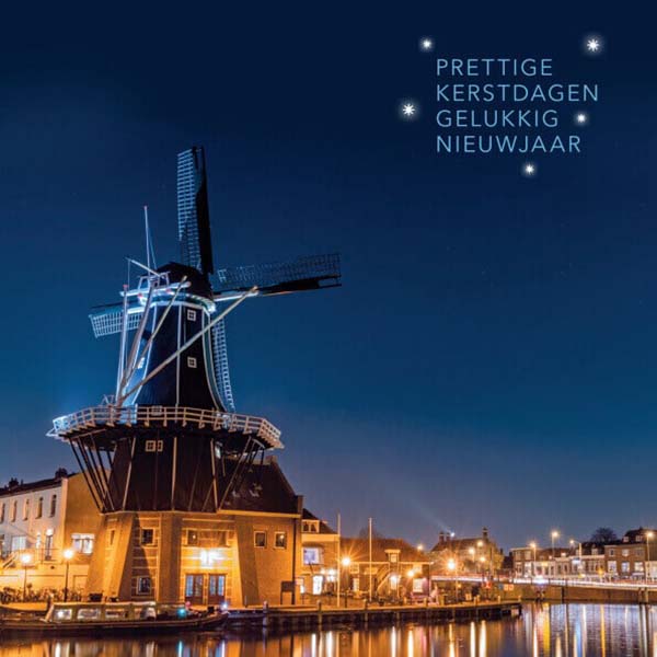 Haarlemse kerstkaart zicht op Molen de Adriaan vanaf Spaarne