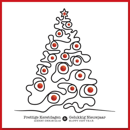 Kerstkaart met getekend kerstboom in zwart en roodfolie