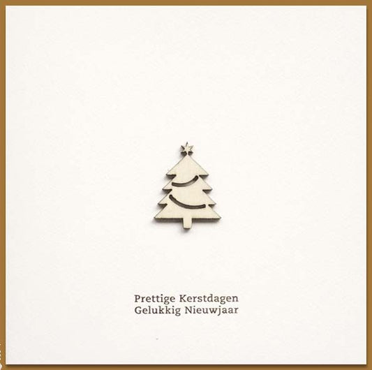 Kerstkaart met klein houten kerstboompje