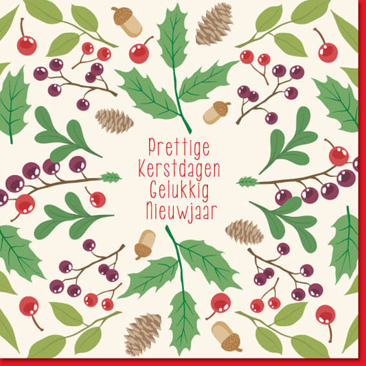 Kerstkaart met hulst, blaadjes en rode besjes.