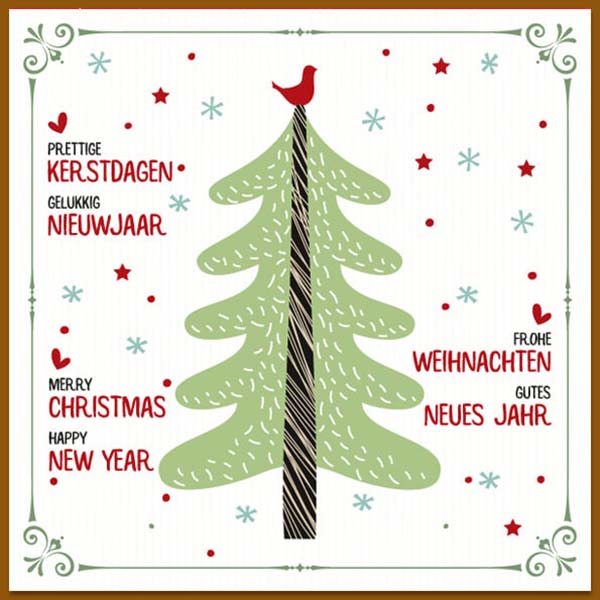 Kerstkaart met illustratie van kerstboom met duurzame uitstraling.