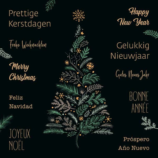 Kerstkaart getekende kerstboom in meerdere talen