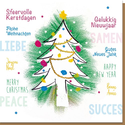 Kerstkaarten kerst tekening, kleurrijk en meerdere talen