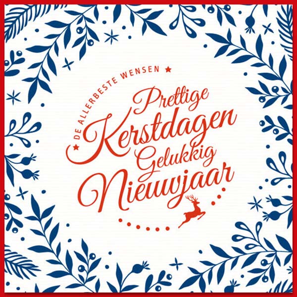 Kerstkaart met illustraties van kerst takjes en tekst in blauw en rood