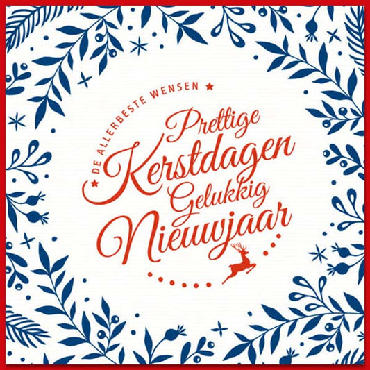 Kerstkaart met illustraties van kerst takjes en tekst in blauw en rood