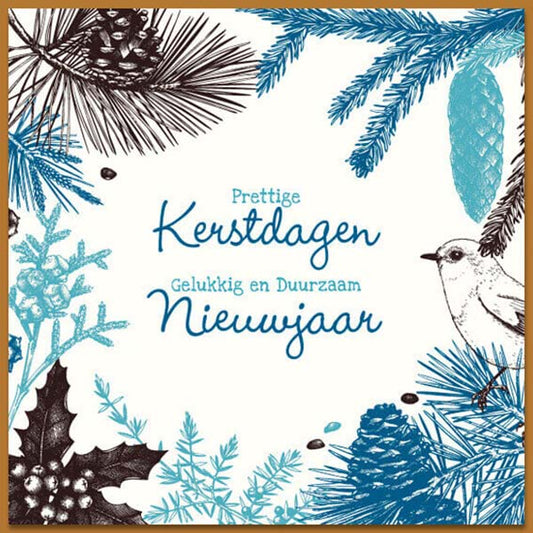 Kerstkaart met tekeningen kersttakken en vogeltje