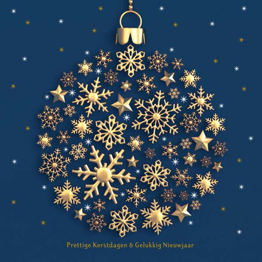 Kerstkaart kerstbal, sneeuwvlokken en sterren op blauw