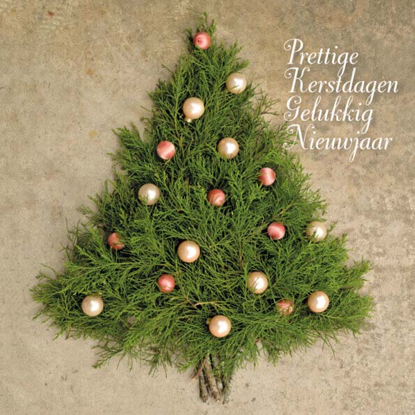 Kerstkaart kerstboom gemaakt van echte takjes.