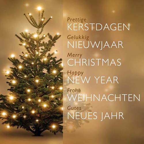 kerstkaart gouden kerstboom, in engels, duits en nederlands