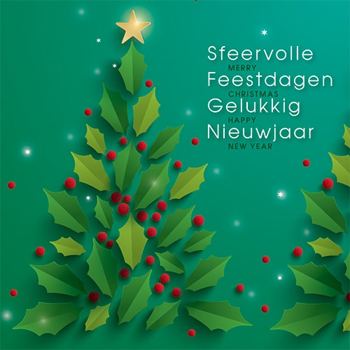 Kerstkaart met hulstblaadjes en rode besjes.
