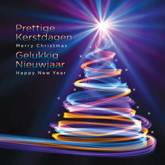 Kerstkaart met kerstboom van lichtbanen, in nederlands en engels