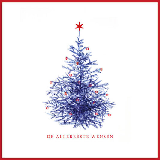 Luxe kerstkaart met getekende blauwe kerstboom en balletjes in roodfolie.
