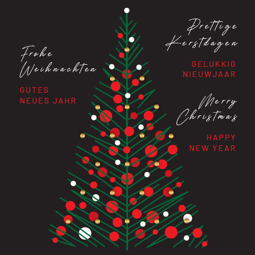 Kerstkaart kerstboom in goud, rood , wit en zwart, meerdere talen