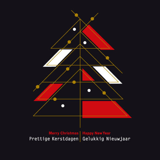 Moderne kerstkaart met abstracte kerstboom in rood, zwart en goud