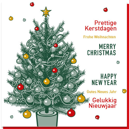 kerstkaart kerst in groen rood en goudgeel, meerdere talen