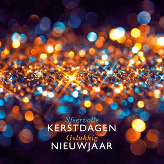 Kerstkaart met schitterende lichtjes blauw, goud en oranje.