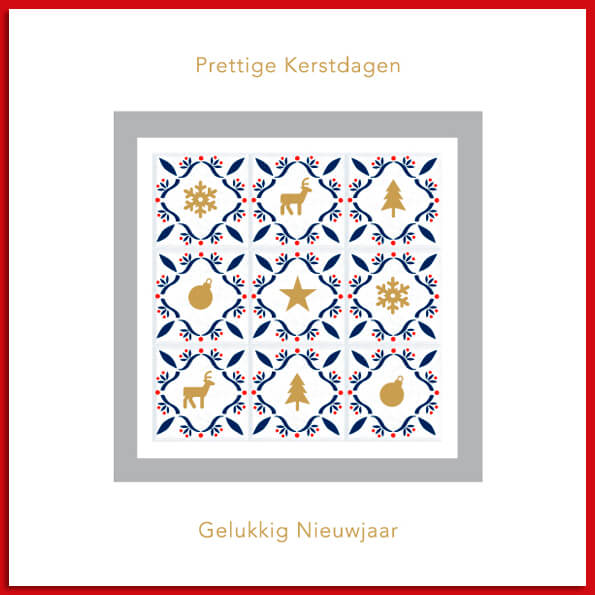 Kerstkaart met kleine kerstbal, sneeuwvlok, kerstboom in goud