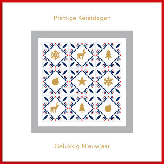 Kerstkaart met kleine kerstbal, sneeuwvlok, kerstboom in goud