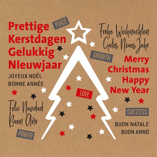 Kerstkaart met in meerder talen kerstwensen op kraft-karton 