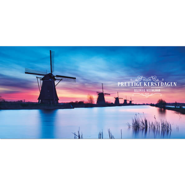 Kerstkaart Molens Kinderdijk bij ochtendgloren