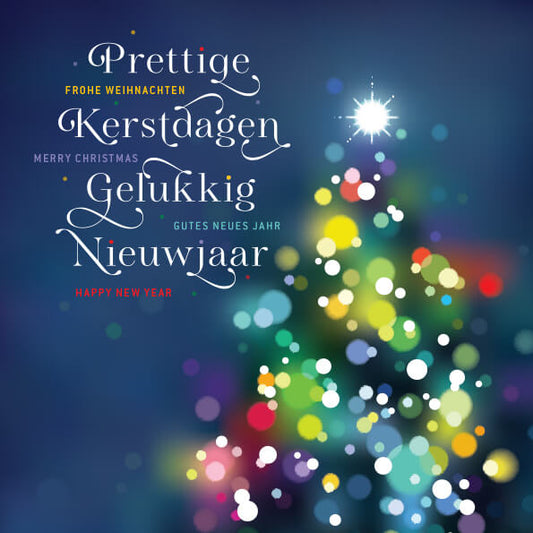 kerstkaart blauw kleurrijke lichtjes kerstboom