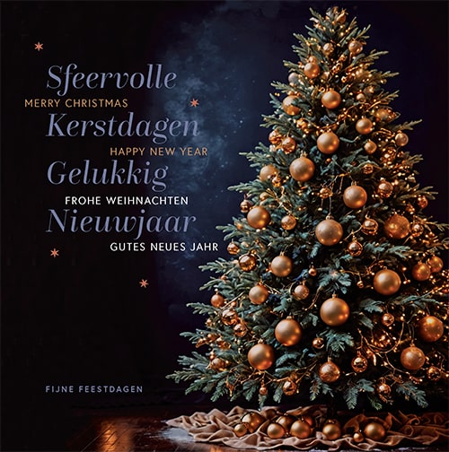 Kerstkaart klassiek en sfeervol, kerstwens in Nederlands, engels en Duits