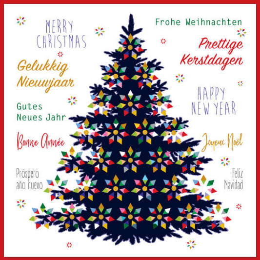 Zakelijke Luxe kerstkaart met kerstboom en internationale kerstteksten.