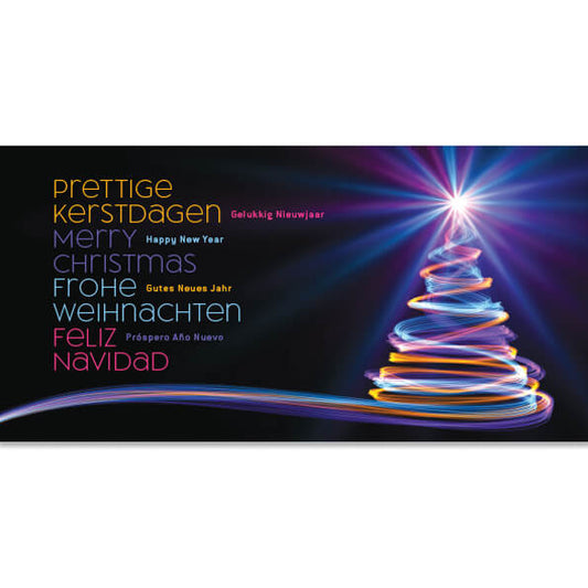 kerstkaart internationaal (nl, eng, d, es) kerstboom