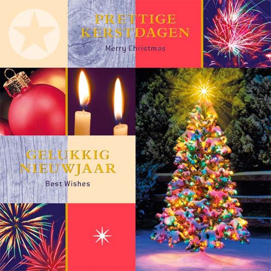 Kleurrijke  warme kerstkaart met kerstwens in goudfolie 