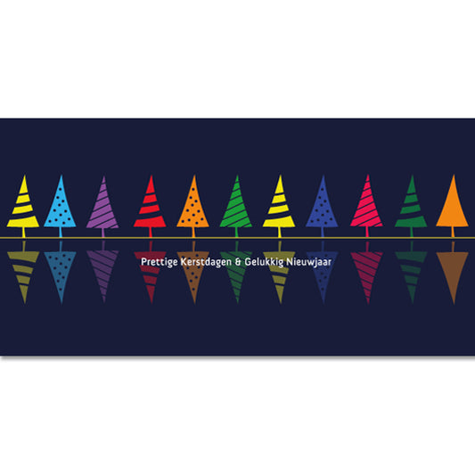 kerstkaart goed doel Make-a-wish en kleurrijke kleine kerstboompjes.